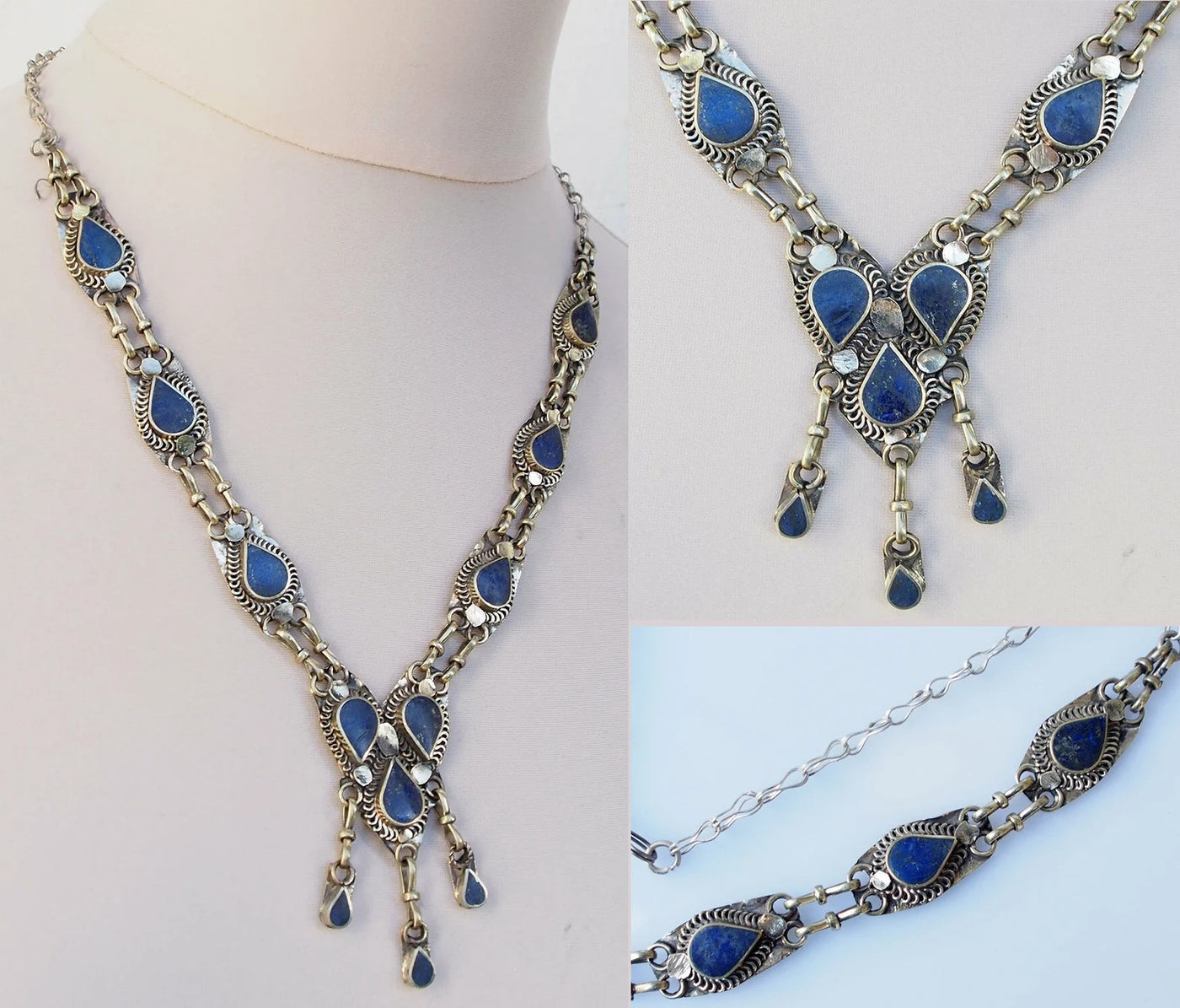 Handgefertigte Vintage Halskette aus Neusilber mit Lapis Steinen  Orientsbazar G  