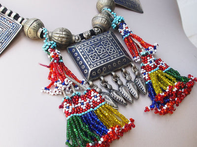 Antike Vintage Pakistanische Boho Hochzeit HalsketteMultan Halskette mit drei Platten blau Emailleverziert Dorfschmuck Bauernschmuck 18/1  Orientsbazar   