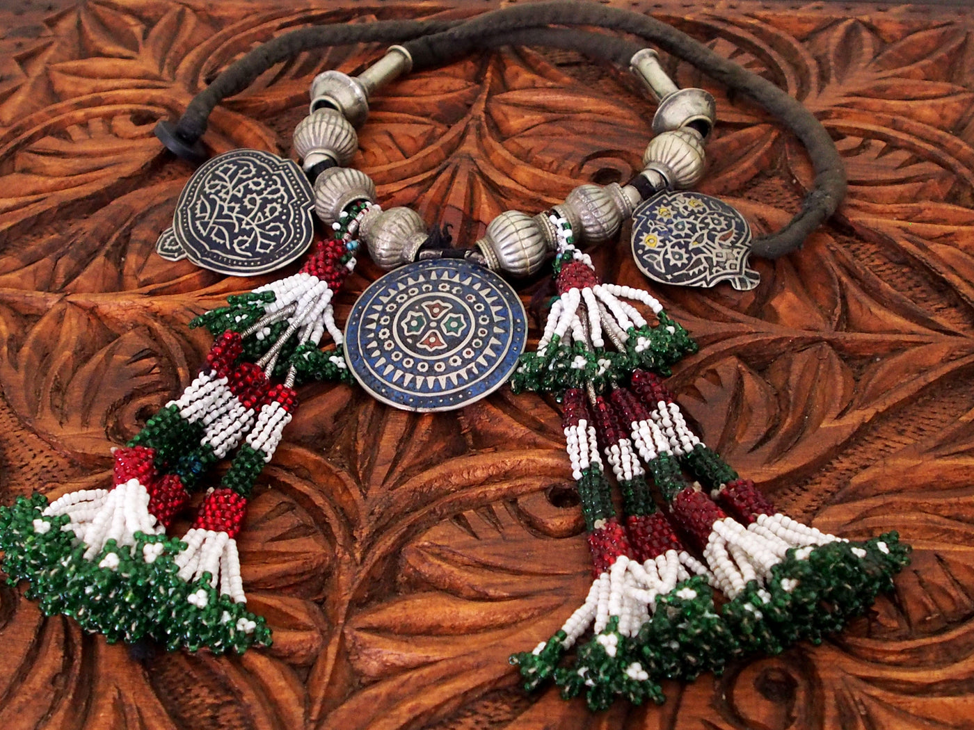 Antike Vintage Pakistanische Boho Hochzeit HalsketteMultan Halskette mit drei Platten blau Emailleverziert Dorfschmuck Bauernschmuck 18/3  Orientsbazar   