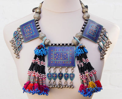 Antike Vintage Pakistanische Boho Hochzeit Halskette Multan Halskette mit drei Platten blau Emailleverziert Dorfschmuck Bauernschmuck 18/4  Orientsbazar   