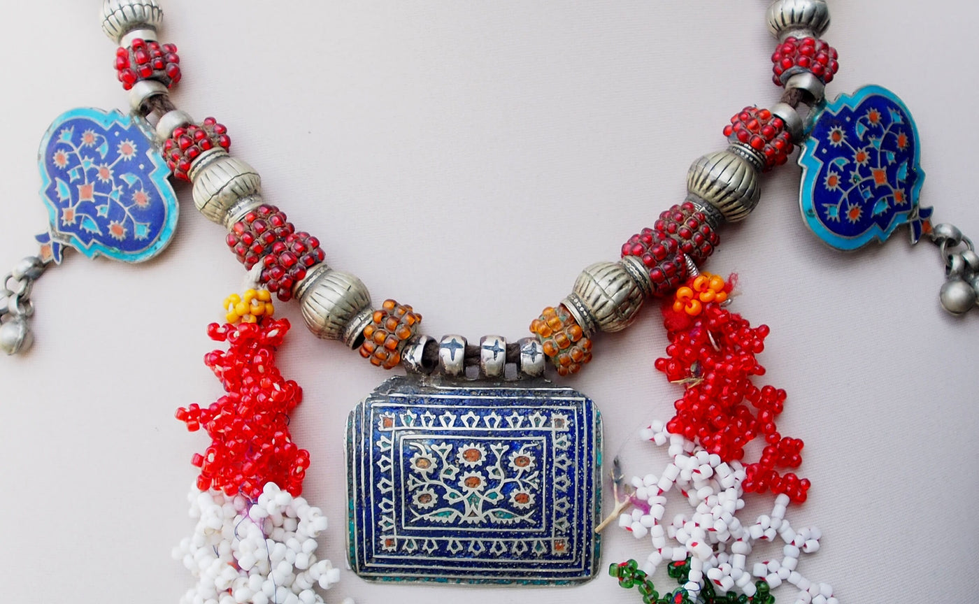 Antike Vintage Pakistanische Boho Hochzeit Halskette Multan Halskette mit drei Platten blau Emailleverziert Dorfschmuck Bauernschmuck 18/5  Orientsbazar   