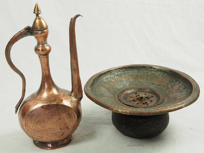 antik Massiv islamische Kupfer zweiteilige Waschgarnitur Kanne und Becken aus Afghanistan 19 Jh.  Nr:16/H  Orientsbazar   