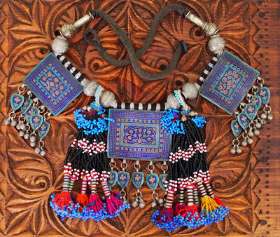 Antike Vintage Pakistanische Boho Hochzeit Halskette Multan Halskette mit drei Platten blau Emailleverziert Dorfschmuck Bauernschmuck 18/4  Orientsbazar   