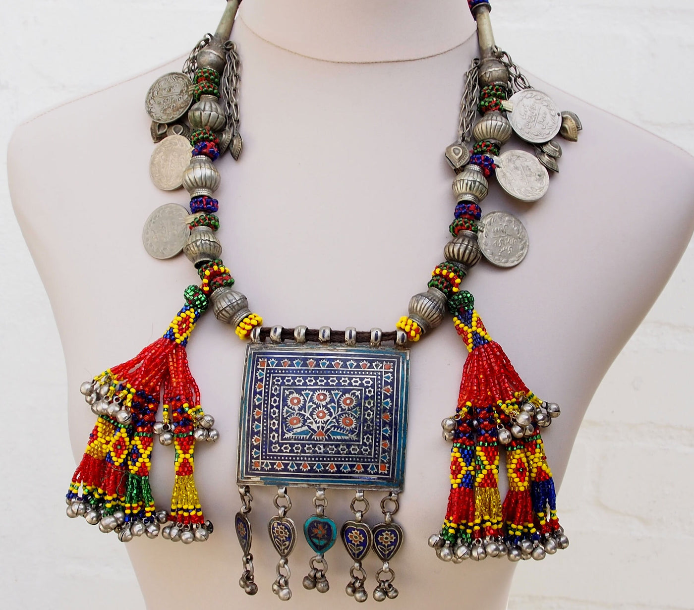 Antike Vintage Pakistanische Boho Hochzeit Halskette Multan Halskette mit drei Platten blau Emailleverziert Dorfschmuck Bauernschmuck 18/6  Orientsbazar   