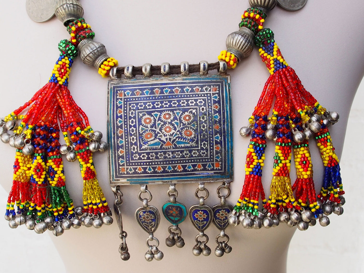 Antike Vintage Pakistanische Boho Hochzeit Halskette Multan Halskette mit drei Platten blau Emailleverziert Dorfschmuck Bauernschmuck 18/6  Orientsbazar   