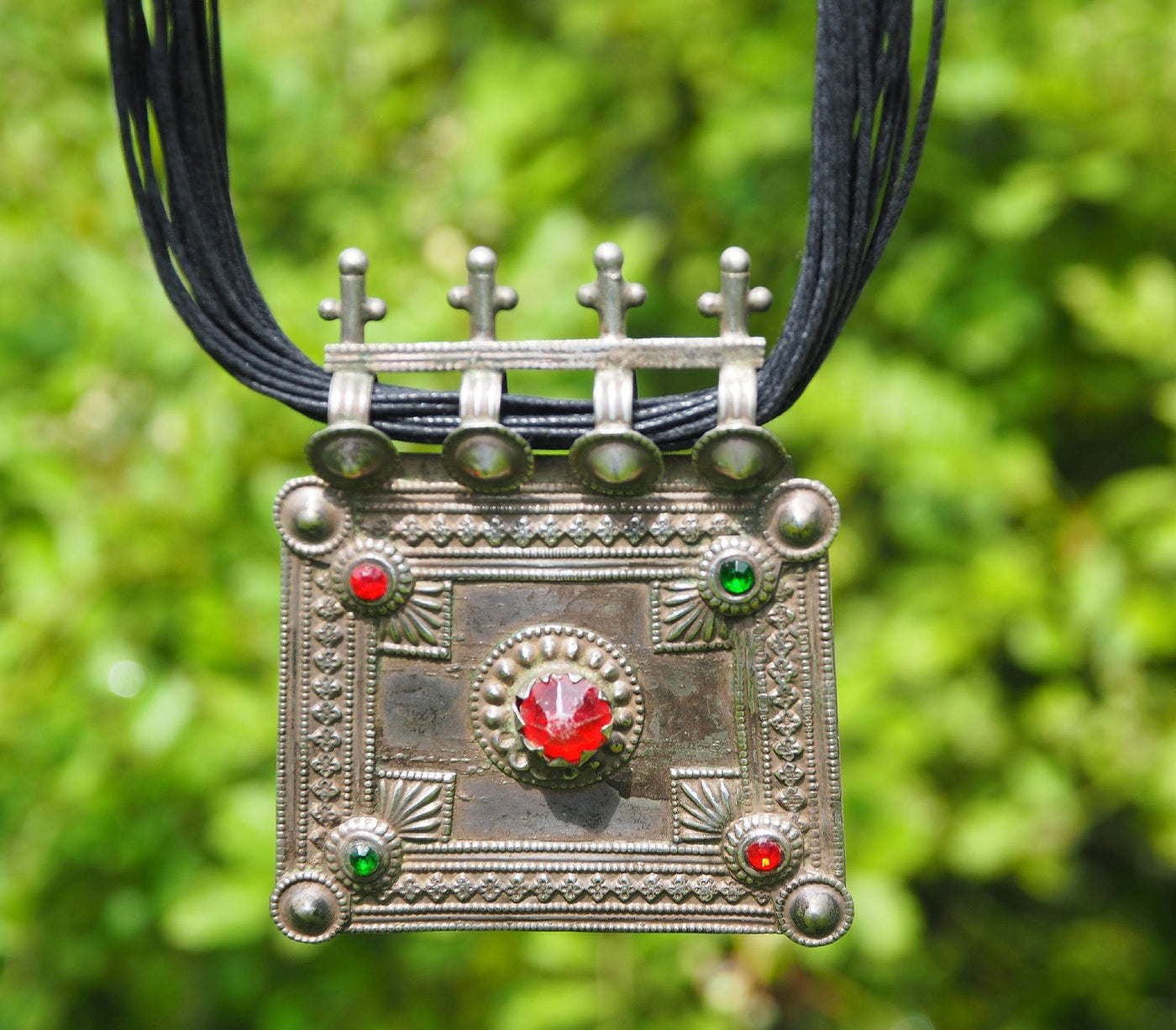 Antique nomad silver necklace with amulet pendant tassel Nuristan