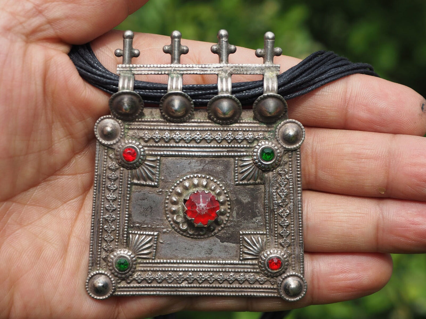 Antique nomad silver necklace with amulet pendant tassel Nuristan