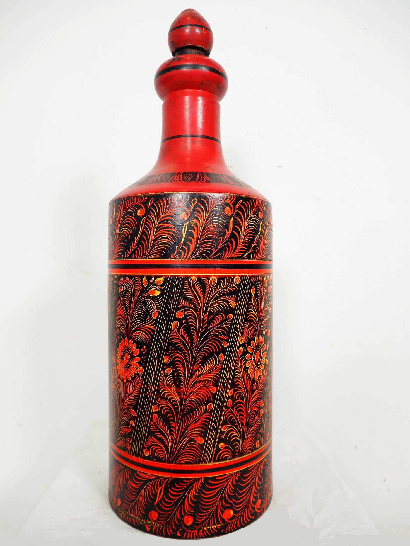 orient handgearbeitete Lacquerware Massiv Holz Flasche  aus Afghanistan Pakistanv Rot  Orientsbazar   