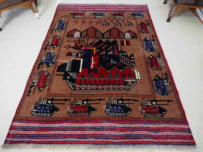 195x133 cm Afghan Kriegteppich Handgeknüpf Teppich Afghanistan panzer kampfjet gewehr USA Army Nato ISAF war rug Nr:19/38  Orientsbazar   