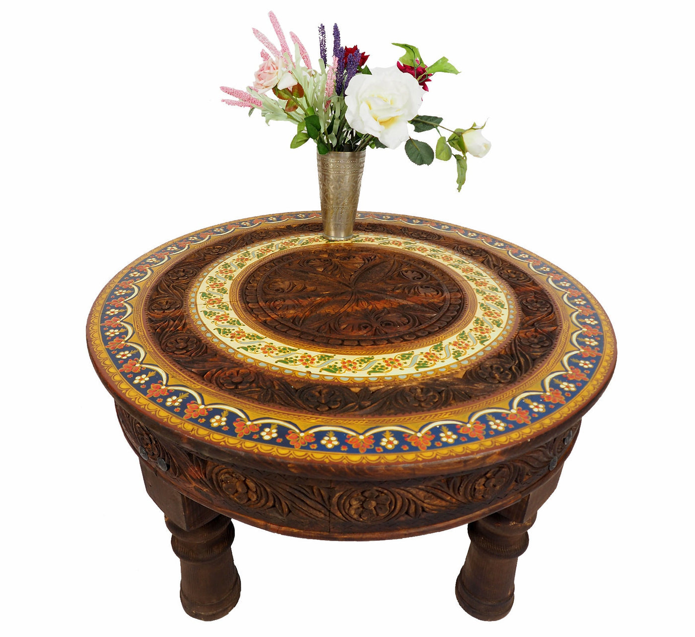 80 cm Massivholz handgeschnitzte Teetisch kolonialstil Wohnzimmertisch Tisch  tisch aus Afghanistan Nuristan RUND Tische Orientsbazar   