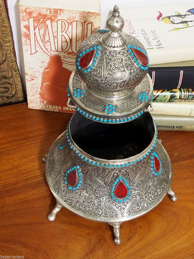 Extravagant handgearbeitete orientalische islamische Neusilber büchse Schmuckdose schatulle Truhe  verziert aus Afghanistan 01  Orientsbazar   