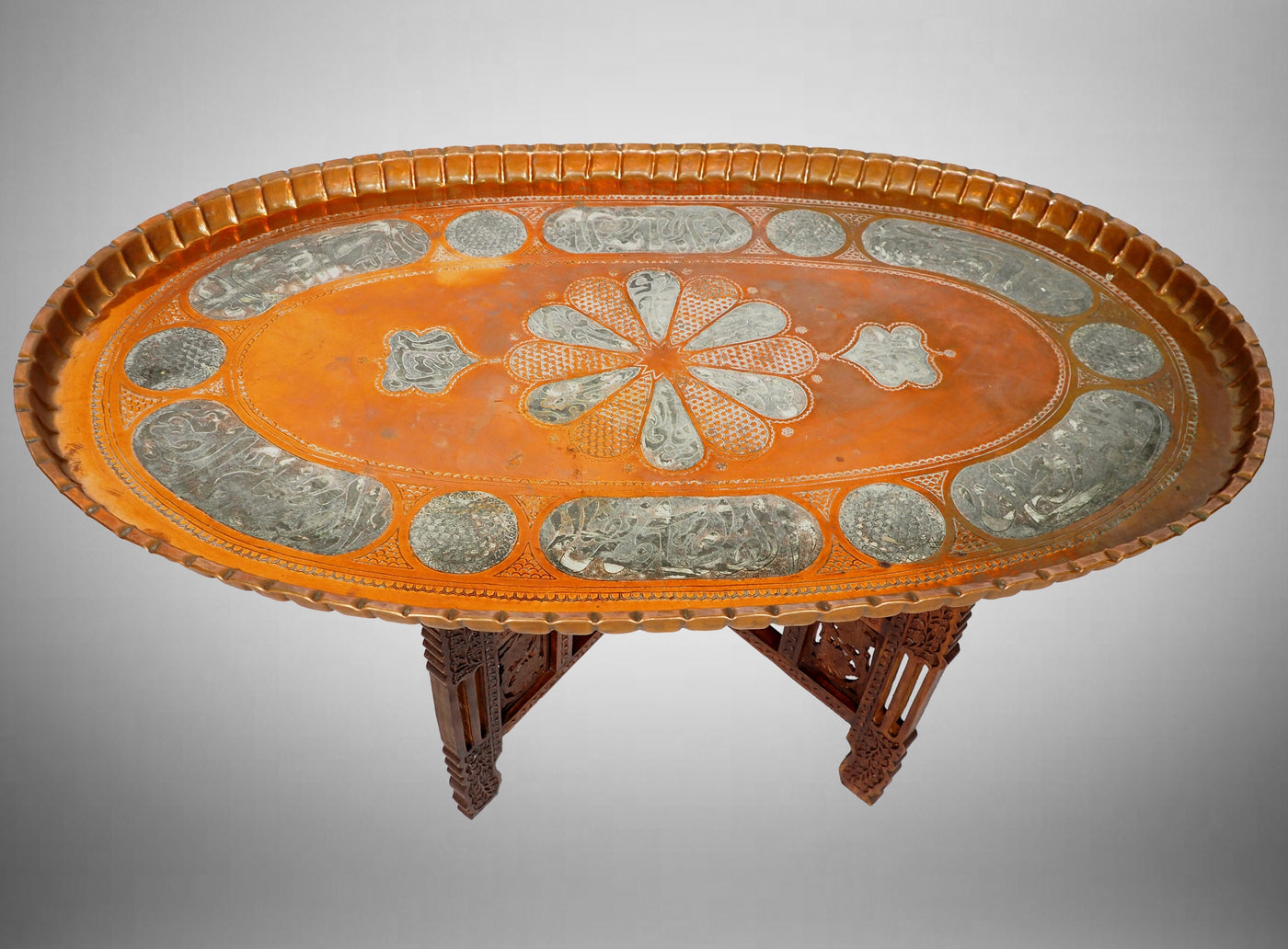 110 cm osmanisch ägyptisch marokkanisch orient Messing Tisch tablett Teetisch Teller beisteltisch Afghanistan syrien arabisch oval Kupfer  Orientsbazar   