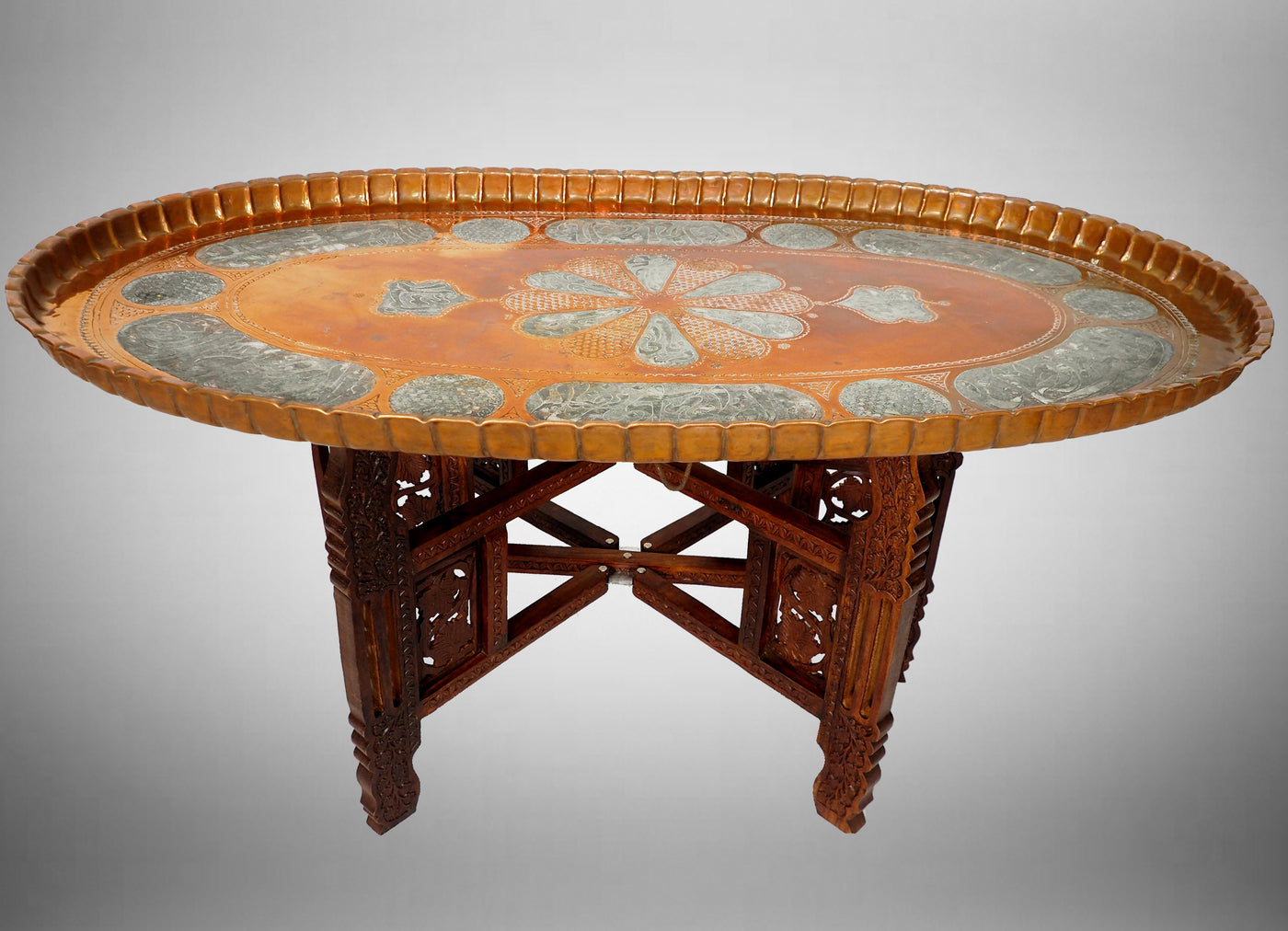 110 cm osmanisch ägyptisch marokkanisch orient Messing Tisch tablett Teetisch Teller beisteltisch Afghanistan syrien arabisch oval Kupfer  Orientsbazar   