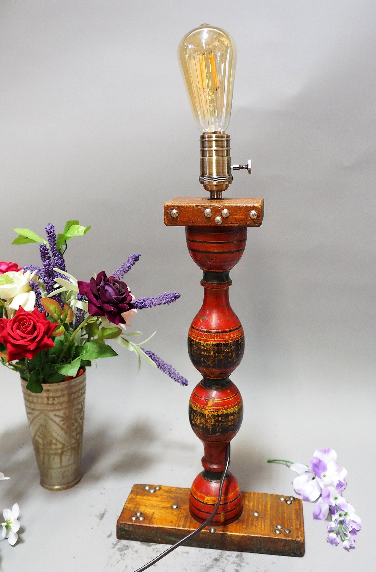 Antike orient handgearbeitete Lacquerware Massiv Holz  Lampensockel Tischleuchte mit Vintage Fassung   aus Afghanistan Pakistan 21/6  Orientsbazar   