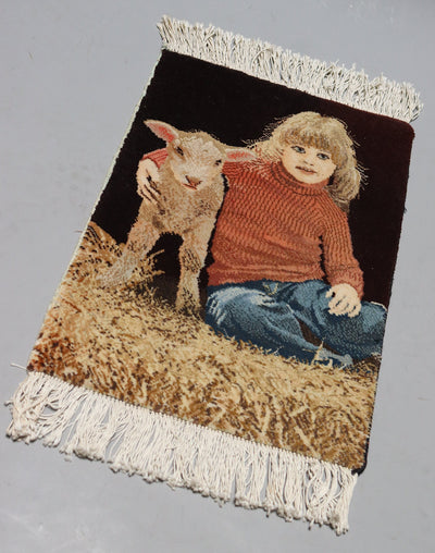 48x34 cm  handgeknüpfte Orientteppich Bilderteppich Wandteppich Mädchen mit Schaf  Orientsbazar   