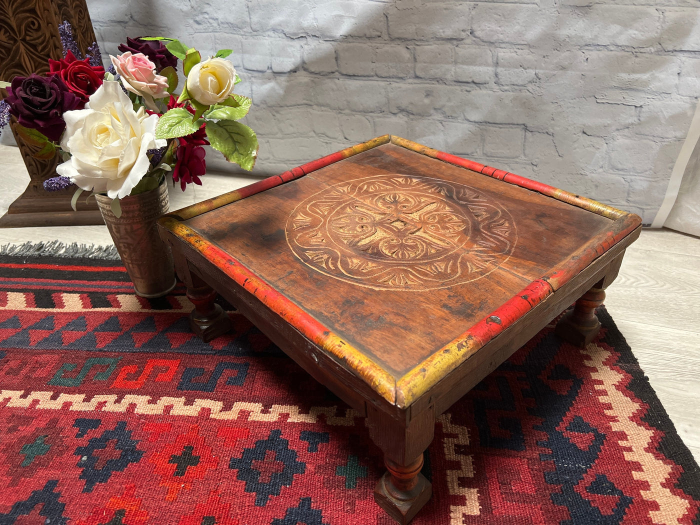 40x40 cm cm Antik Massivholz handgeschnitzte orient Teetisch beisteltisch Tisch Hocker aus  Afghanistan Nr-20/a Hocker Orientsbazar   