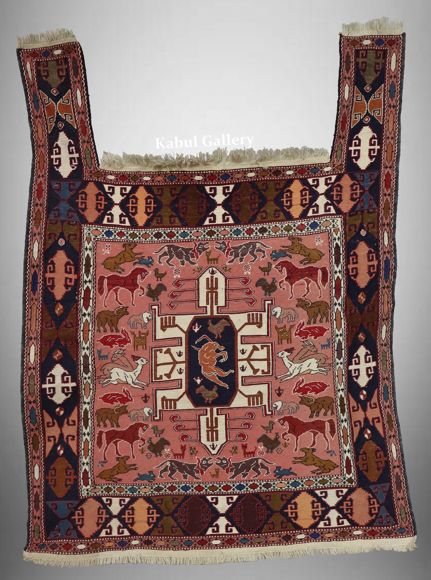 140x105 cm antik orientalische sumakh Kelim Pferdedecke , Wolle, gesticktes Dekor mit tier motiven Teppiche Orientsbazar   