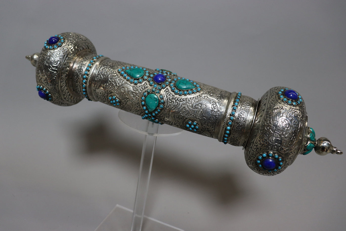 Extravagant handgearbeitete orientalische islamische Neusilber Schriftrollenbehälter dose mit Lapis lazuli und Türkis  aus Afghanistan  Orientsbazar   