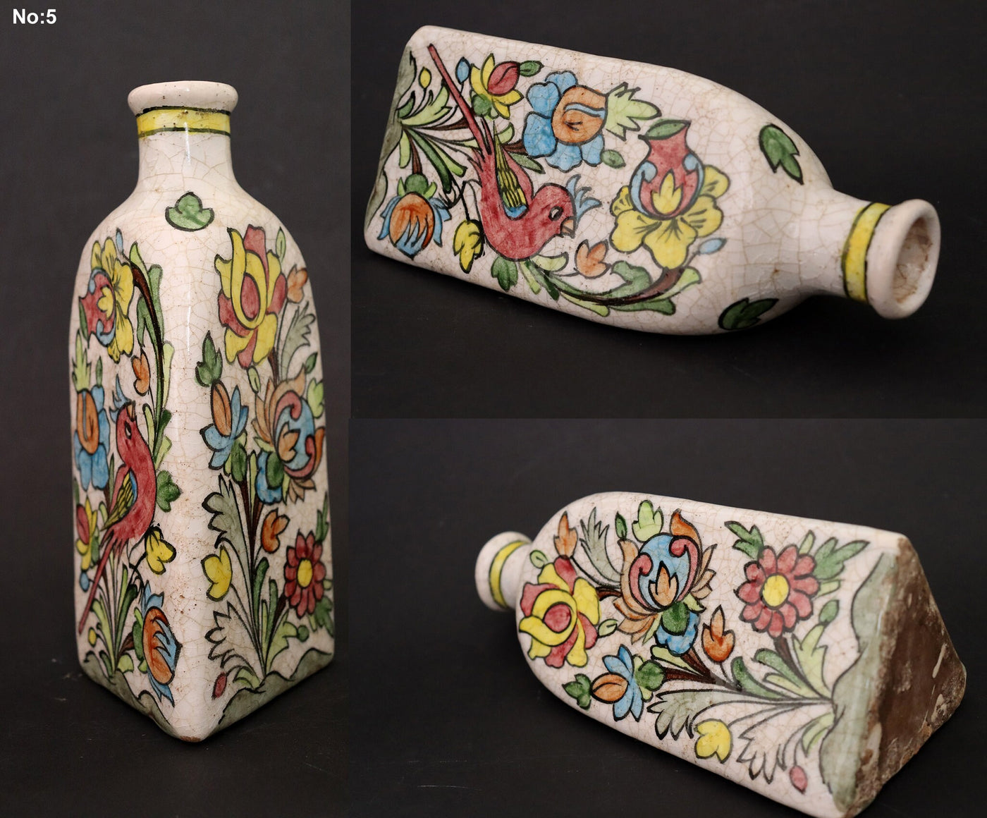islamische Handbemalt und glasiert dreieckiger, geblümter Keramik flasche Keramik Orientsbazar   