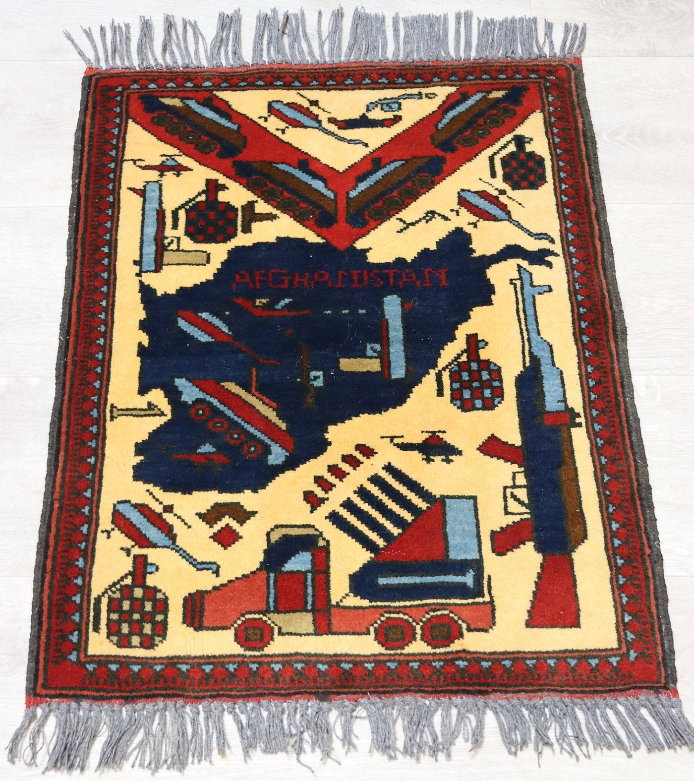 73x57 cm Afghan Kriegteppich Handgeknüpf Teppich Afghanistan panzer kampfjet gewehr USA Army Nato ISAF war rug Nr:WR 22/1  Orientsbazar   