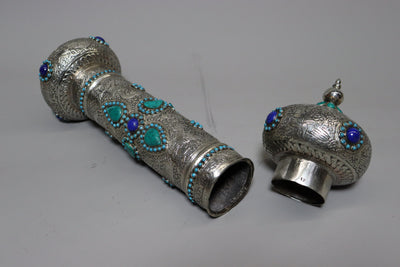 Extravagant handgearbeitete orientalische islamische Neusilber Schriftrollenbehälter dose mit Lapis lazuli und Türkis  aus Afghanistan  Orientsbazar   