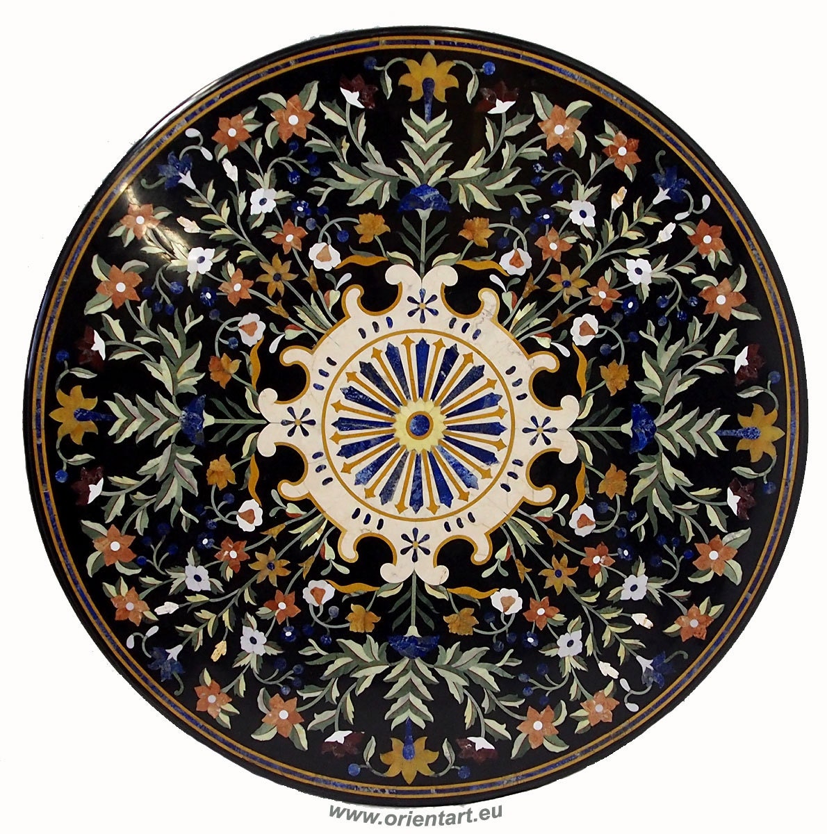 122 cm schwarz Marmor Pietra Dura Couchtisch Tisch Florentiner Mosaik Intarsienarbeit Esstisch (Schwarz)  Orientsbazar   